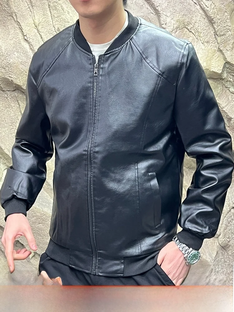 

Men's Baseball Collar Fce Lined Leather Jaet Smooth And Fine Crtsmanip Spring Autumn Versatile Long Sve Zipper Cl...