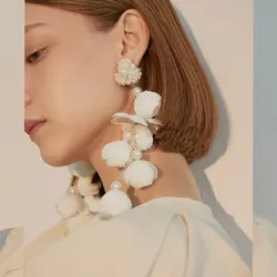 Fashion New Korean fabric Flower Series Long Silver Needle Exaggerates Bride's Wedding Earrings