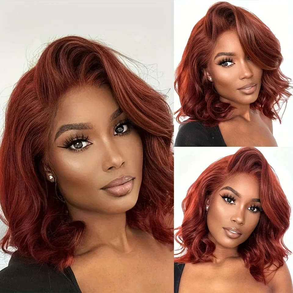 Reddish Brown Short Body Wave Bob Wig Human Hair Peruvian 13x4 Lace Front Wigs Human Hair Pre Plucked 200% Density Auburn Brown