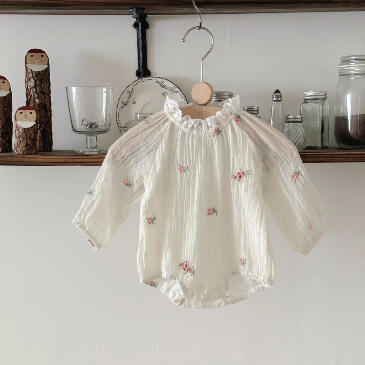 Summer Newborn Baby Girls Home Clothes Toddler Baby Bubble Jumpsuits Romper Long Sleeved Embroider Flower Baby Bodysuit 0-18M