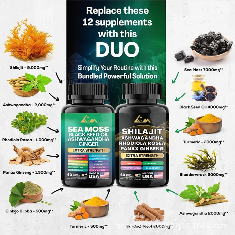 Shilajit supplement contains 7000mg of seaweed, 2000mg of South African eggplant, Dongge Ali, boron, and magnesium-60 capsules