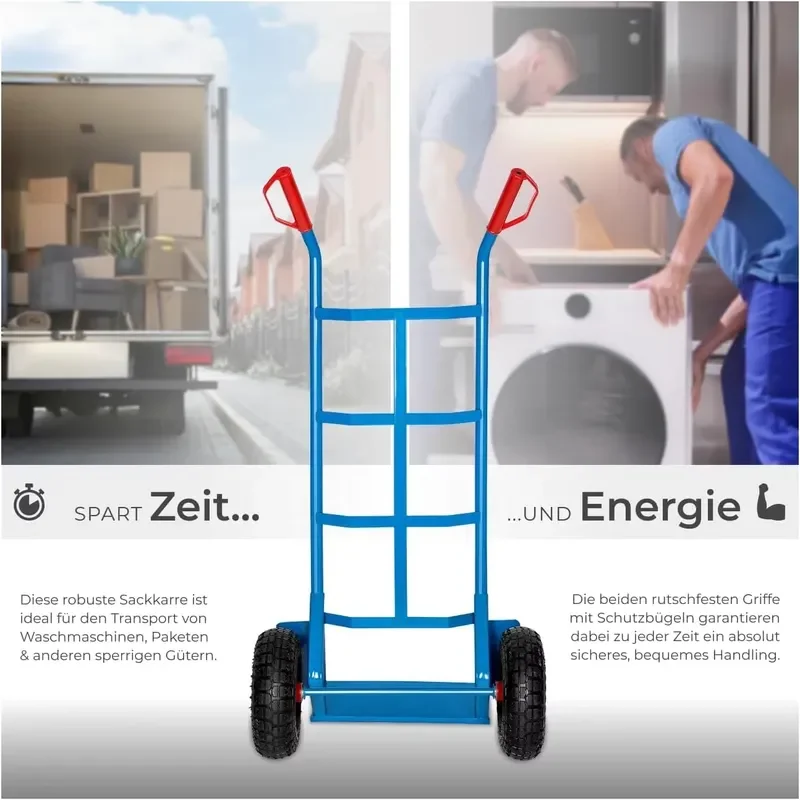 Heavy Duty 200 kg Shovel Steel Frame Loading Sack Luge Wheels Rubber Air Beverage Crate Transporter Blue Hand Truck