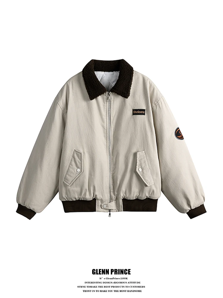 

Мужская осенне-зимняя рабочая куртка в американском ретро-стиле с воротником из овечьей шерсти, утепленная, на молнии, с длинными рукавами