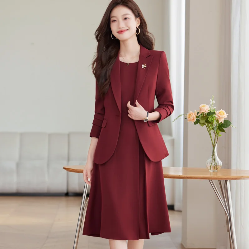 Office Suit Women Blazer + Midi Sleeve Suit Dress Set Elegant 2-piece Fall Winter New High-quality Executive Lady Workwear Suit