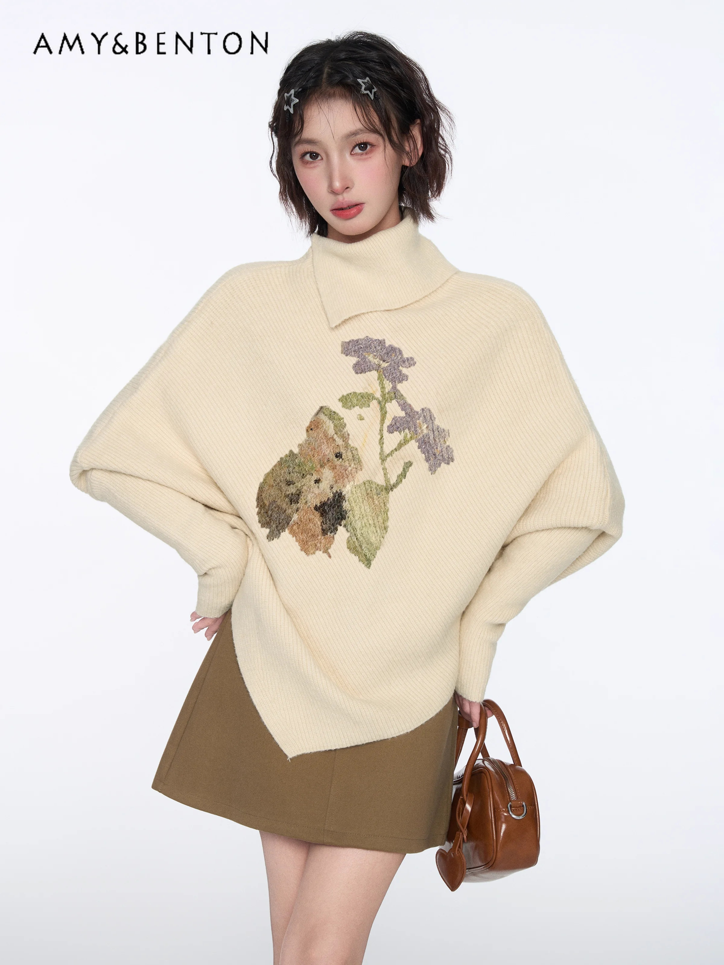 

Autumn Winter New Korean Style Women's High Neck Pullover Irregular Batwing Sleeve Apricot Plant Print Knitted Sweater