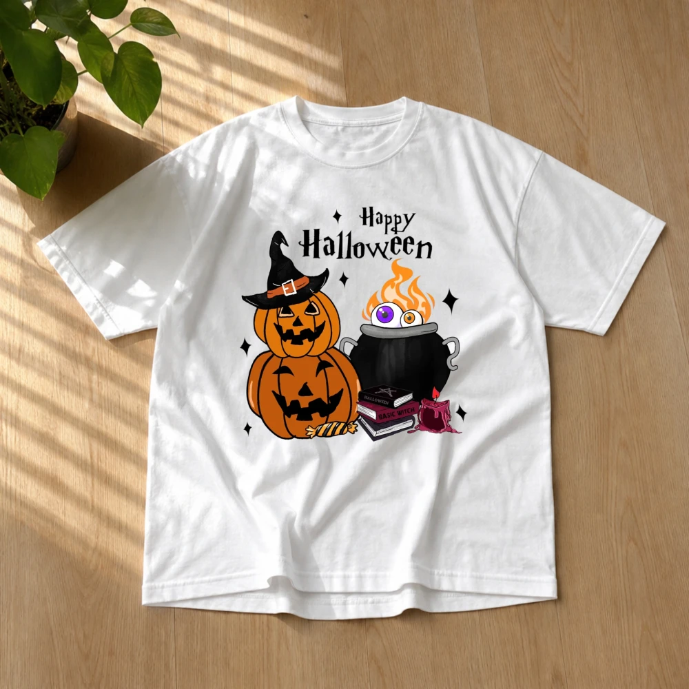 Happy Halloween Pumpkin Witch Cauldron Graphic Shirt Spooky Magic Book Candle Halloween Party Tee Unisex Fall Halloween Gift Top