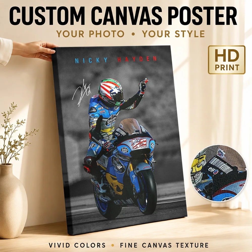 Nicky Hayden Motorcycle Framed Canvas Poster Bold Style Canvas Wall Art With Customized Photo For Garage Ideal Collector Gift