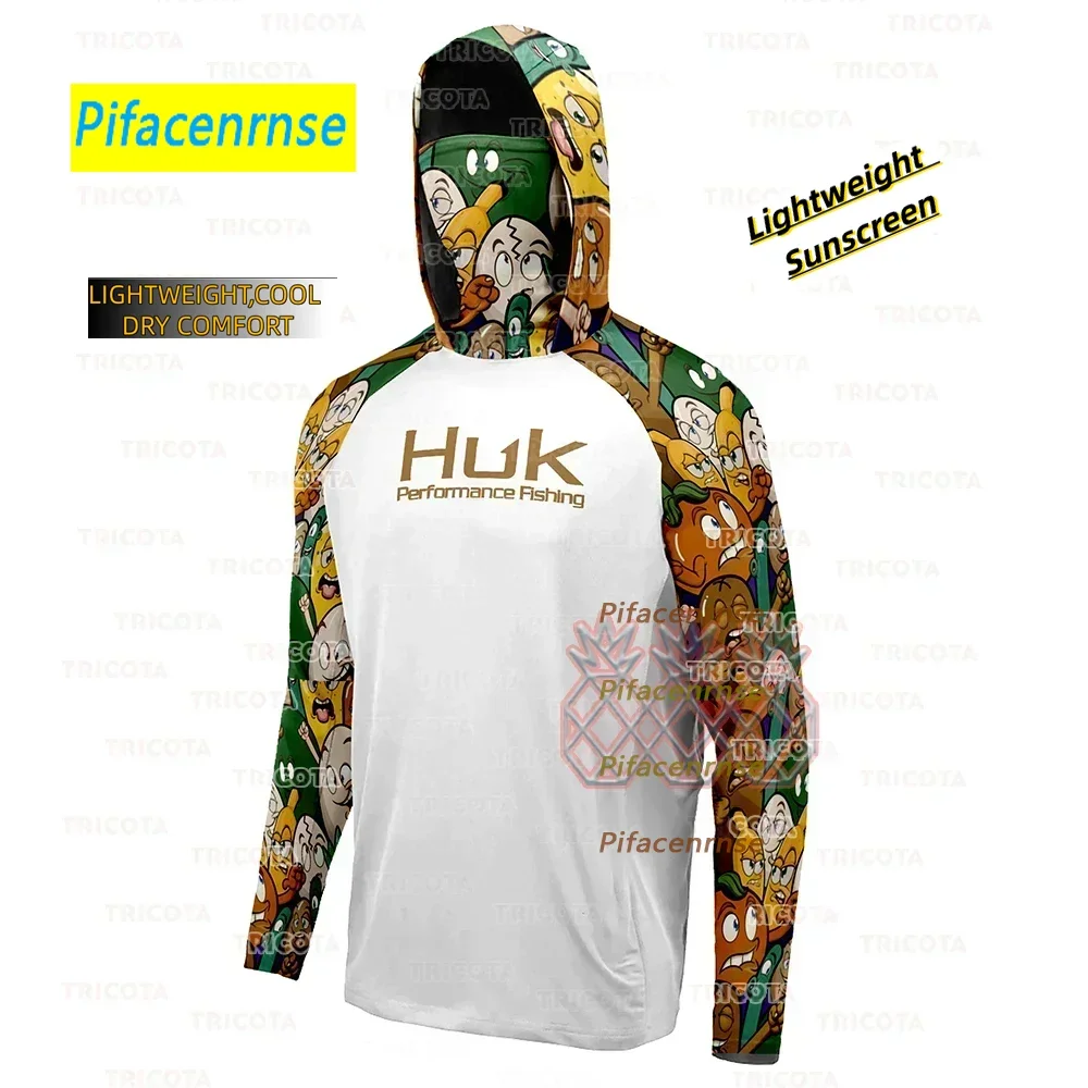 

HUK Men Hooded Fishing Shirts Cartoon Long Sleeve Performance Neck Mask Fishing Clothing Sun Protection Breathable Fishing Tops