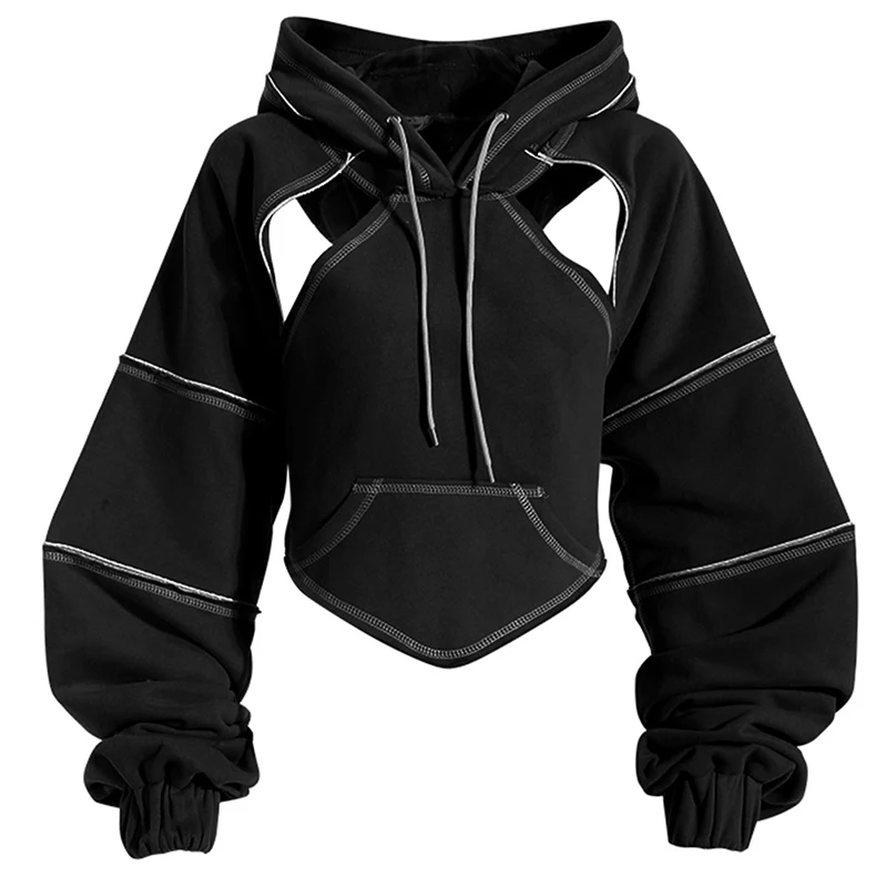 2023 Spring Autumn Loose Crop Hip Hop Hoodies Women Pullover Harajuku Cutout Backless Bandage Short Hooded Sweatshirt Tracksuit