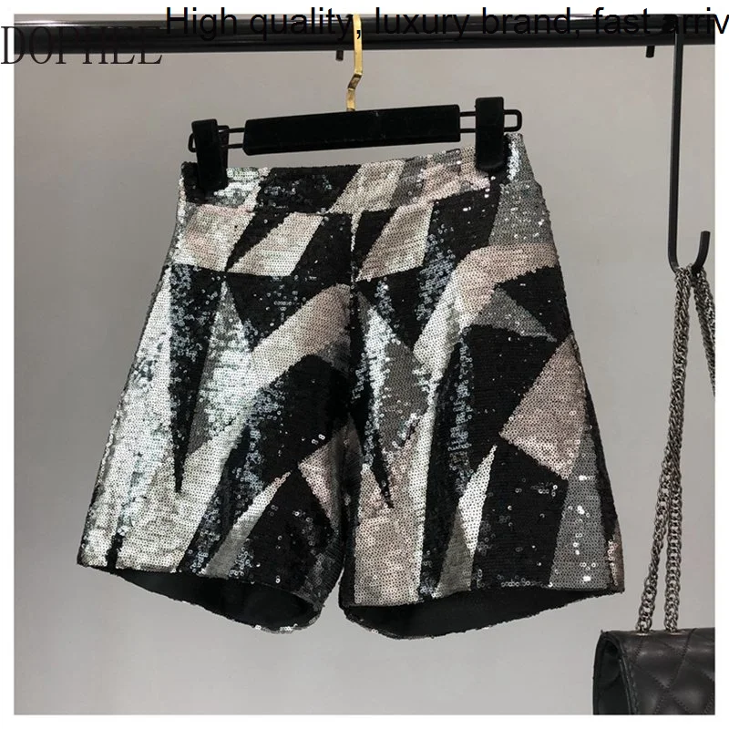 New Spring 2023 Blingbling Geometry Sequins Wide Leg Shorts All-match Zip High Waist Streetwear Trendy Women Short Pants