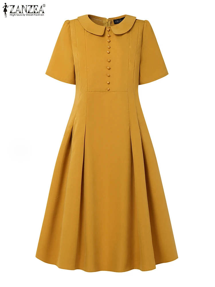 ZANZEA-vestido veraniego plisado liso de manga corta para mujer, vestido elegante de verano 2025, vestidos de trabajo para fiesta, bata por debajo de la rodilla con botones informales