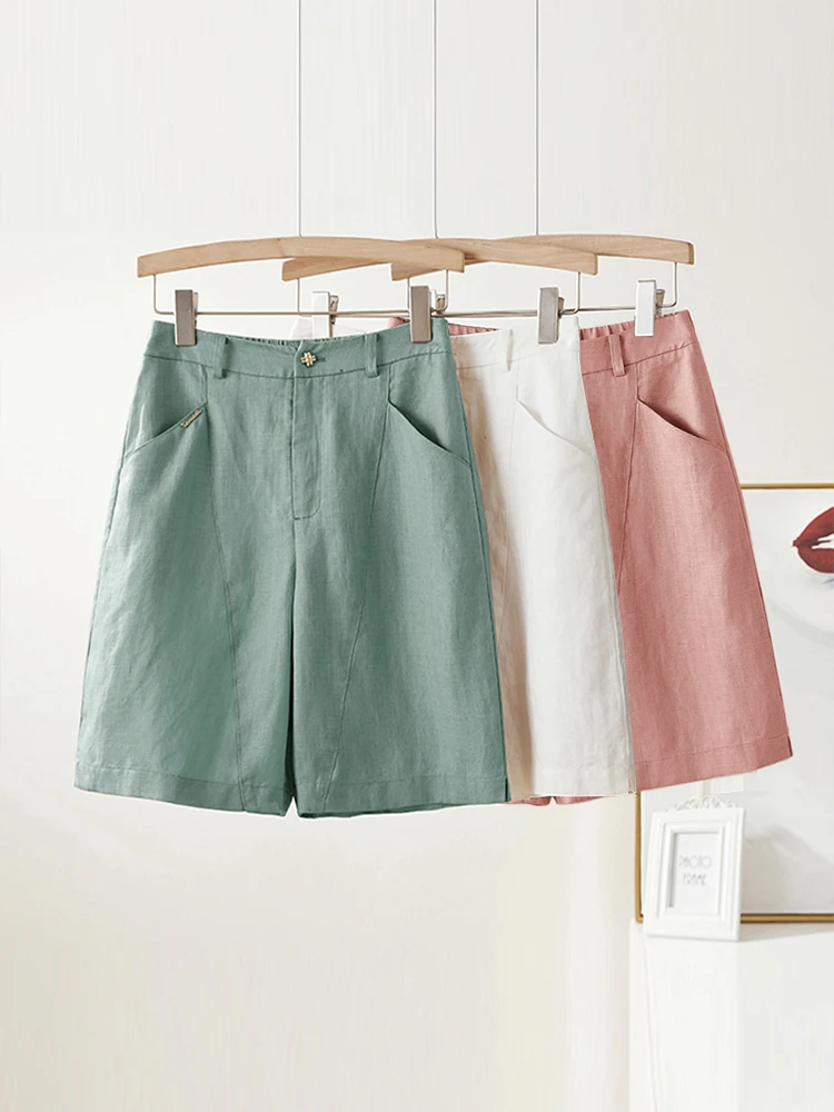 

Женские льняные шорты с высокой талией, летние, тонкие, новый стиль, повседневные, из ледяного шелка, широкие, длиной до колена, прямого кроя, комфорные