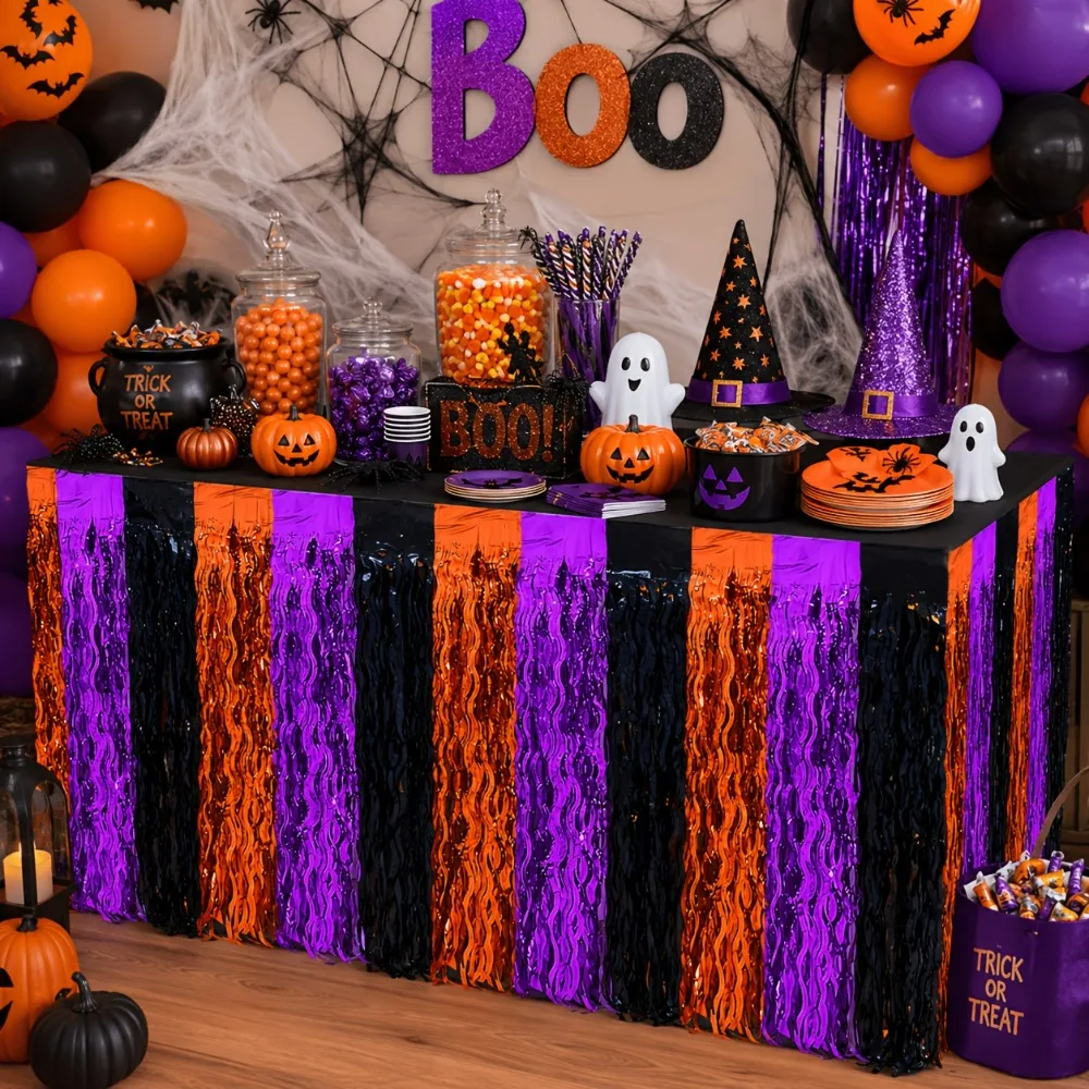 1pc Halloween Black Orange Purple Tassel Table Skirt Glossy Party Table Edge Decoration Dessert Table Setting Background Decor