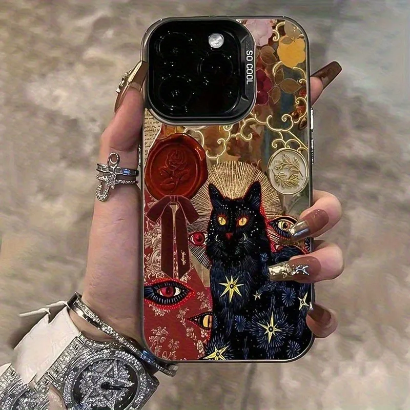 Funda de teléfono de Tpu galvanizada con patrón de gato negro vintage, adecuada para iPhone 17 Pro Max, iPhone 16, 15, 14, 13, 12, 11, Xs, Xr, X, 7, 8, 12/13 Mini Plus Pro Max Se, ideal como regalo para cumpleaños/varios festivos/familia/familia/particion
