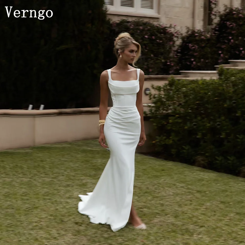 

Verngo Modern Crepe Wedding Dress Spaghetti Straps Mermaid Prom Bride Dress Simple Bridal Gown Side Slit Customized
