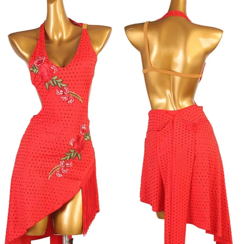 Costume de Tango Cha-Cha Samba pour femmes, robe de danse latine à franges, sans manches, ourlet irrégulier, justaucorps de danse de valse