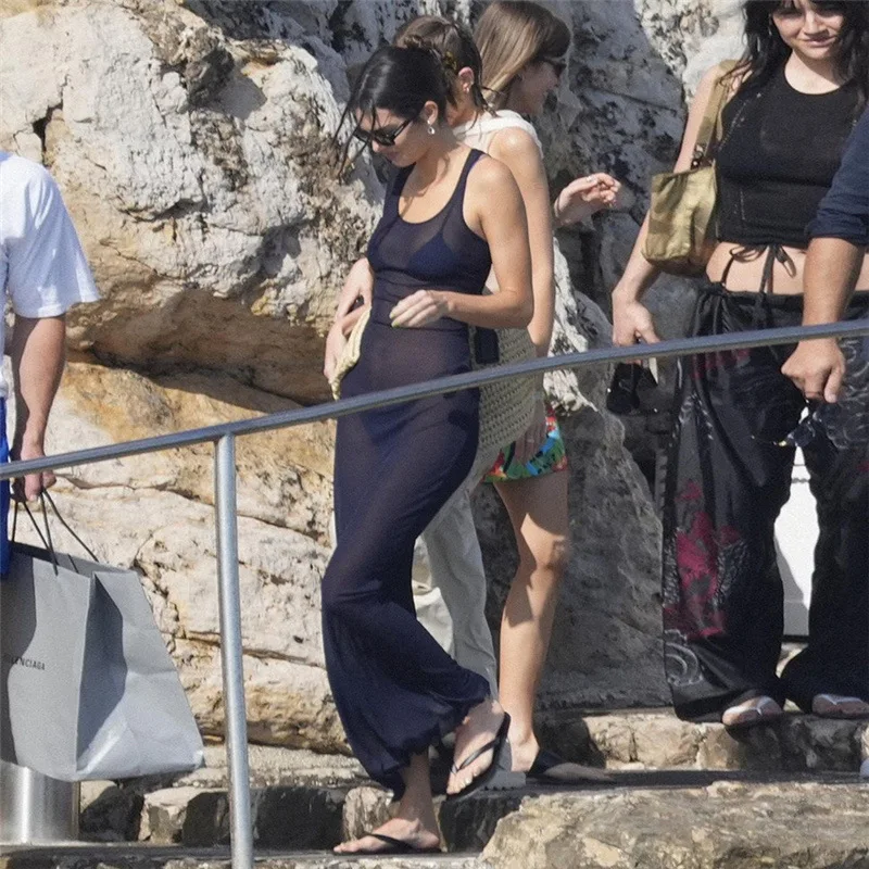 DSMTRC Blu scuro Basic senza maniche trasparente O-collo Abiti da canotta in rete sexy Vacanza al mare Abito casual slim streetwear per donna