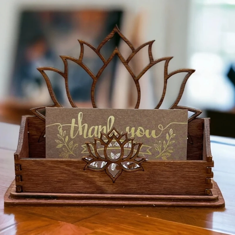 

Y2GD Desktop Business Card Organiser Flower Carved Wooden Card Case For Office Desk