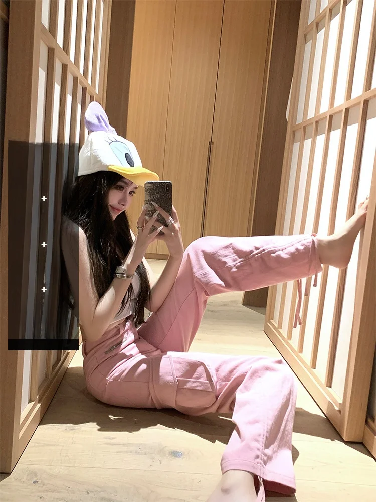 

Женские брюки с высокой талией, прямого кроя, для работы, весна-осень, американский стиль, с множеством карманов, свободного кроя, повседневные