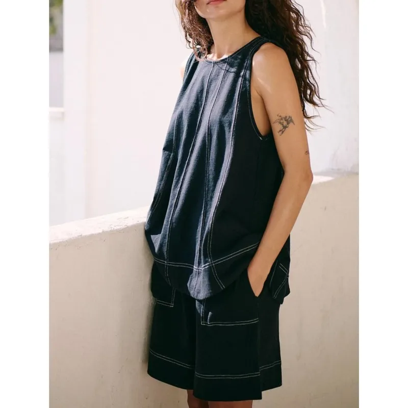 Women fashion Loose Shorts Set 2025 Summer Striped Sleeveless O-neck Vest Wide Leg Elastic Waist Short Pants 2 Pieces Jeans Suit