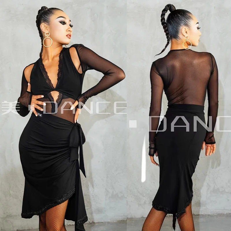 

Сексуальная одежда для латинских танцев, черное кружево с v-образным вырезом, сетчатые топы со стразами, юбка с подолом, платье для соревнований по танцам, румба, танго, SS1351