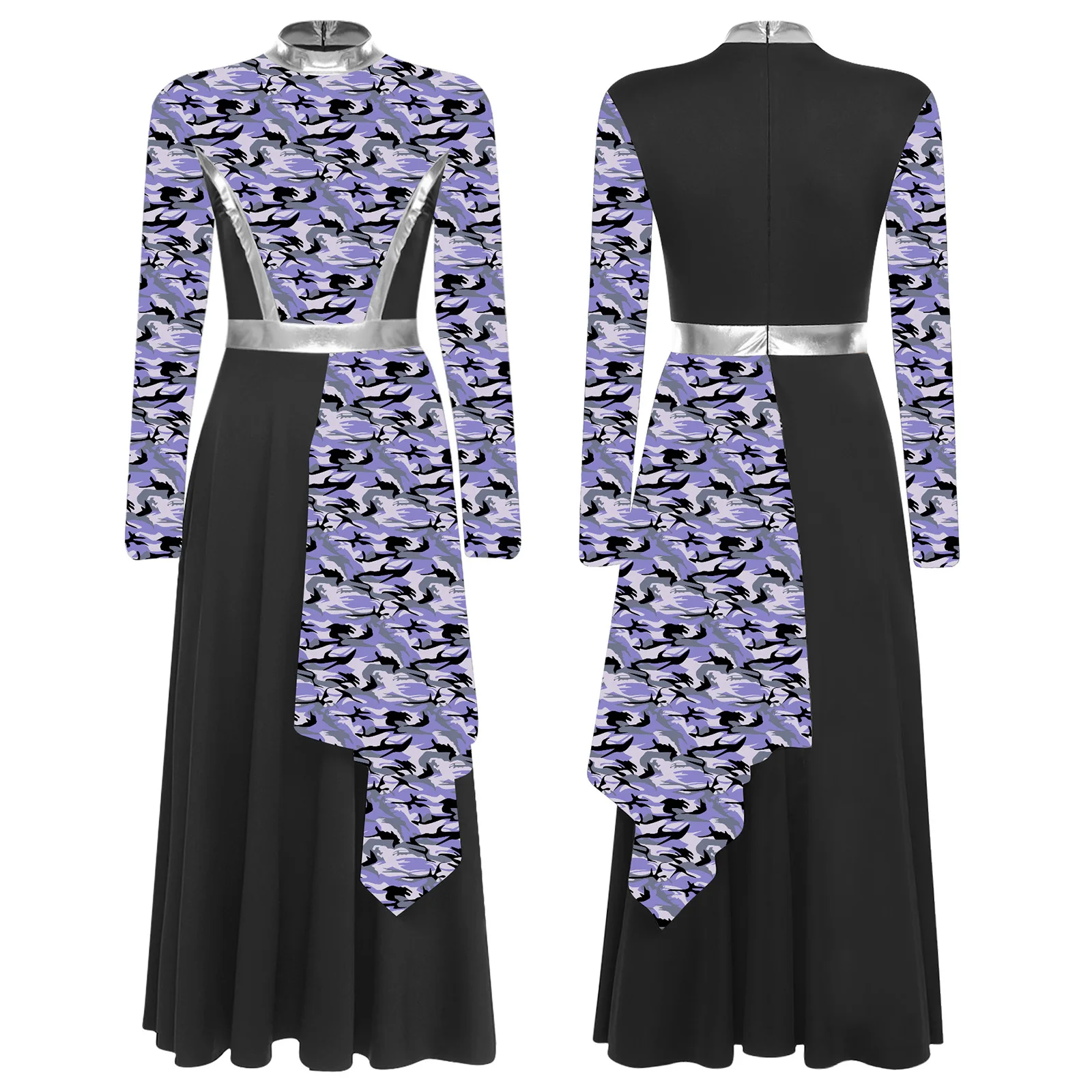 

Womens Lyric Praise Worship Dance Dress Jazz Dance Dress Long Sleeve High Waist Patchwork Asymmetrical Dress Performance Costume