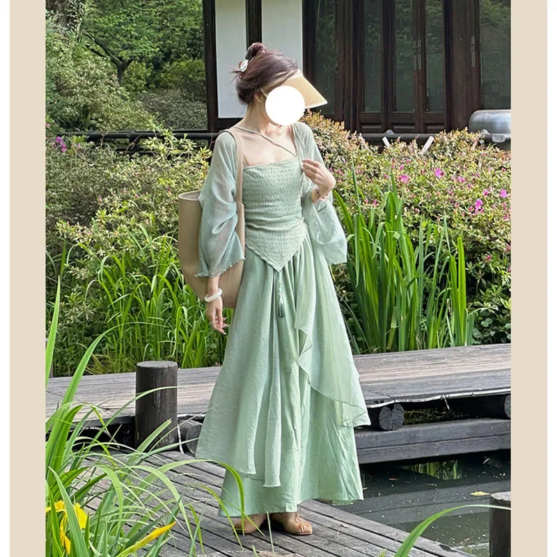 Blue Green Hanfu Suit Summer New Chinese Style Qipao Dresses Mesh Cardigan Strap Vestidos Women Slim Cheongsams Costumes