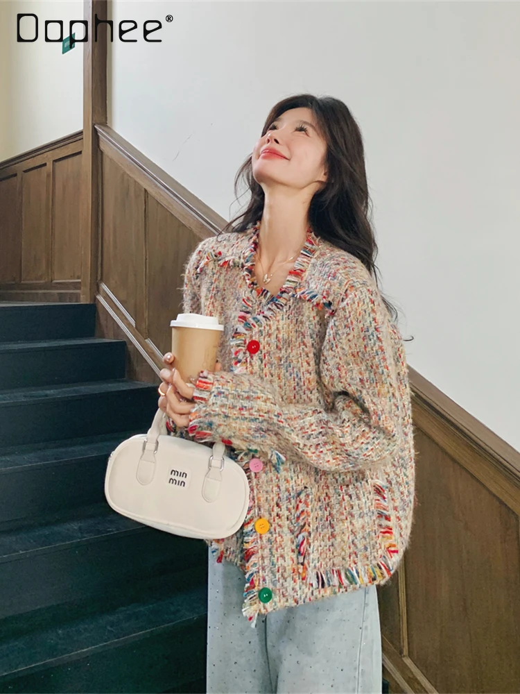 Giacca con frange di colore dolce temperamento donna primavera autunno nuova moda grazioso cappotto cardigan lavorato a maglia allentato monopetto