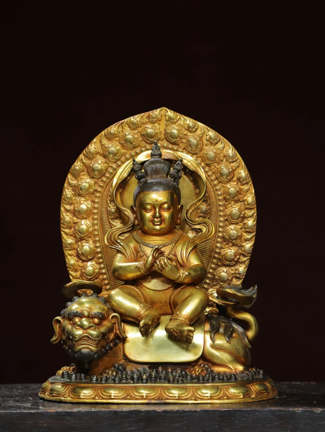 Tibetan Brass Gilt Q Edition Split Manjushri Bodhisattva Riding a Lion Seat Prince Tara Ornament Home Hall Supplies 24