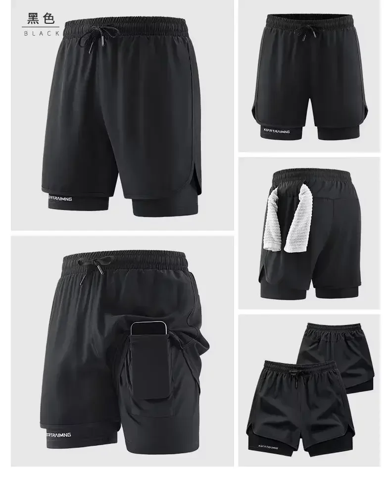 Doppellagige Sportshorts für Herren, schnell trocknende Badehose mit Innenfutter, Kordelzug, atmungsaktive Sport- und Strand-Laufhose – Detail 5
