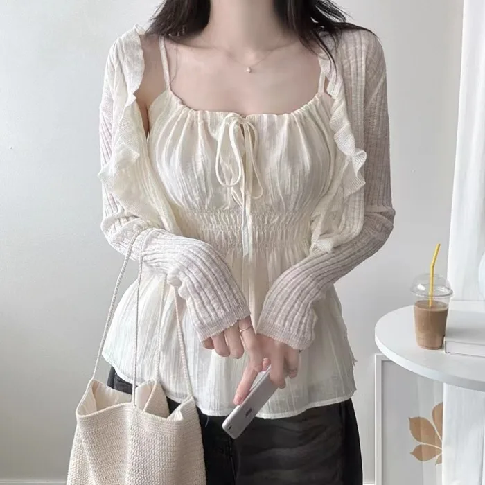 여성 캐주얼 섹시 허리 조임 스트랩 베스트 한국 스타일 루즈핏 슬림핏 숏 셔츠 접힌 밑단 쉬폰 탑