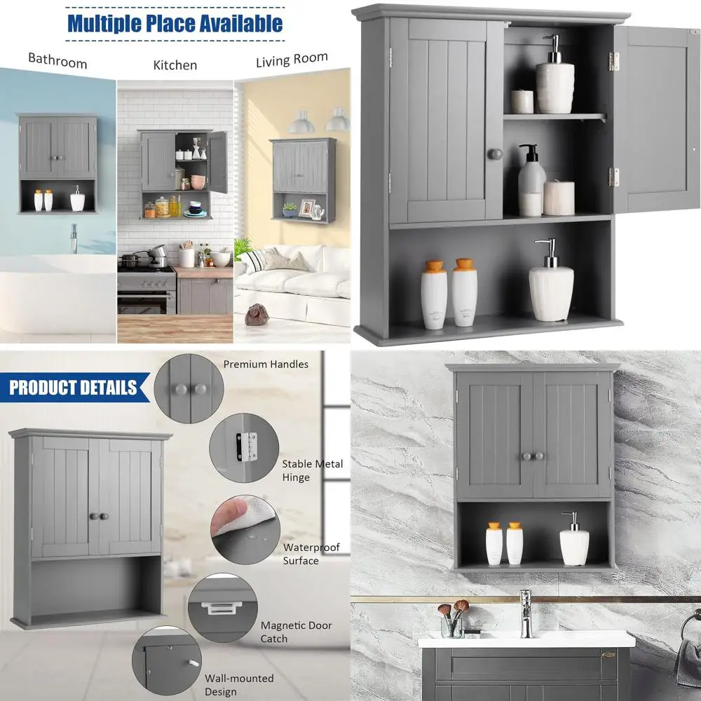 

Gray Wooden Over-The-Toilet Storage Cabinet with Double Doors and Adjustable Shelf for Bathroom, Living Room, and Kitchen
