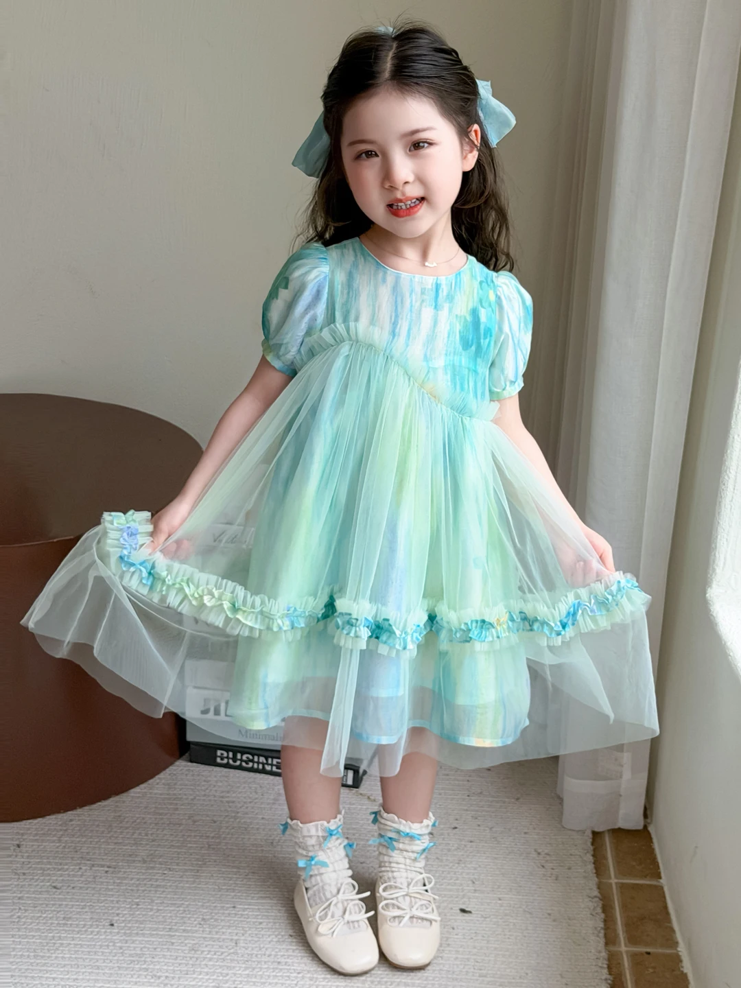 Vestido de Princesa Fofo de Verão para Meninas, Estilo Campestre, Saia de Tule, Manga Curta, Gola Redonda, Manga Bufante, Uso Diário