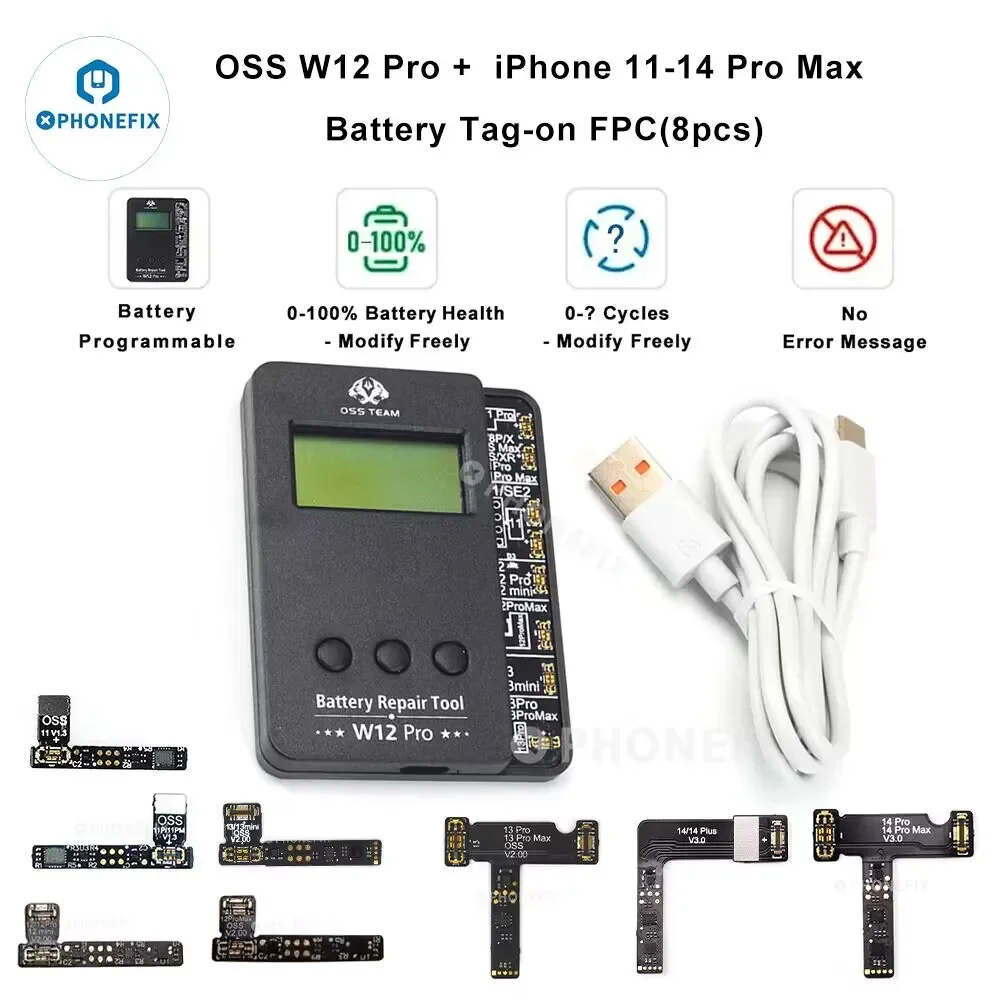 OSS W12 Pro Battery Repair Programmer Tag-on FPC Flex Phone 11-14 Battery Health Data Calibration rewrite for Phone battery