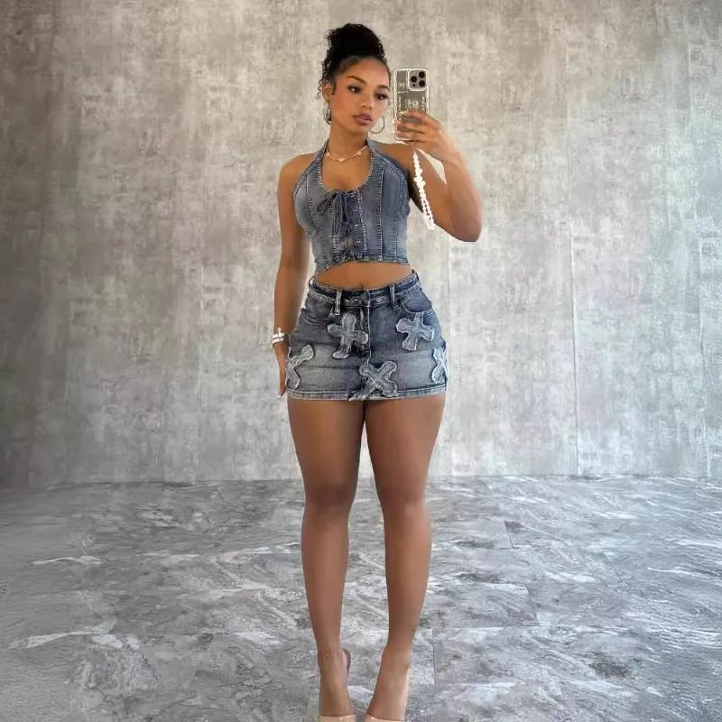 Wash Denim Two Piece Set Women 2024 Spring Summer Halter Lace-up Sleeveless Tanks Top Button Fly Mini Skirts Streetwear