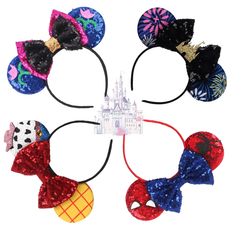 Disney Park Mickey Mouse Ear Headband Amusement Park Hair Hoop Fireworks Sequin Mesh Party Headwear Girl Toy Birthday