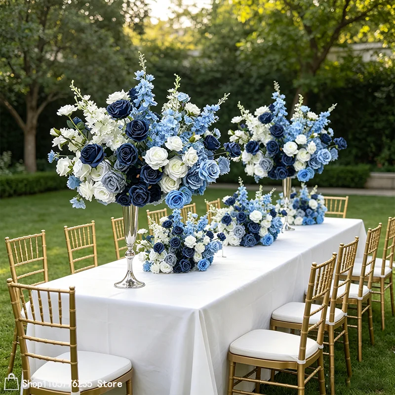 Künstliches Blau-Weißes Rosen-Blumenarrangement Hochzeitstisch-Mittelstück Hortensien-Delphinium-Bouquet Outdoor-Party-Bankett-Dekoration – Detail 8