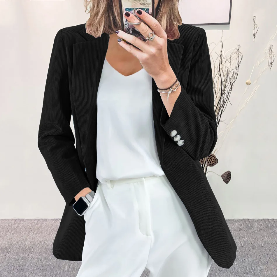 Cárdigan de pana británico para mujer, Chaqueta de traje pequeña profesional, Regular, básica, ajustada, Color sólido, novedad de 2024