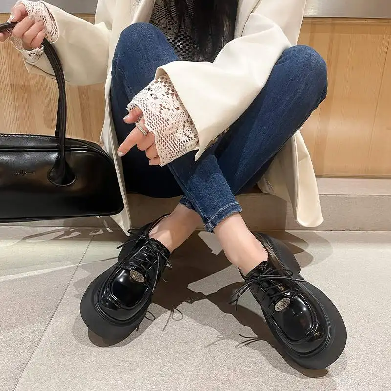 Krazing Pot Cow Leather Thick Bottom Increase Chunky High Heels Summer Autumn Shoes Vintage Casual Comfort Platform Women Pumps