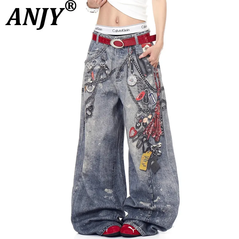 

ANJY Autumn New American Style Unisex Chain Print Chic Trendy Jeans Fashion Streetwear Tide Wide Leg Straight Denim Pants A12097