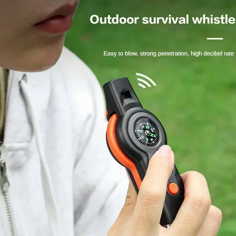 7in1 Outdoor Multifunctional Survival Whistle Flashlight Reflector Magnifying Glass Storage Compartment Compass Thermometer