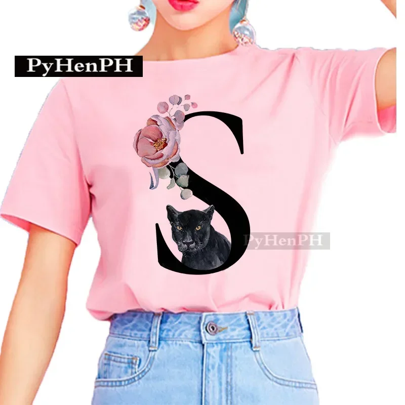 

Black Panther Print Shirt for Women, 26 English Alphabet Letters, Half Sleeve, Parent-child Outfit, Creative Pink Tshirt, Summer