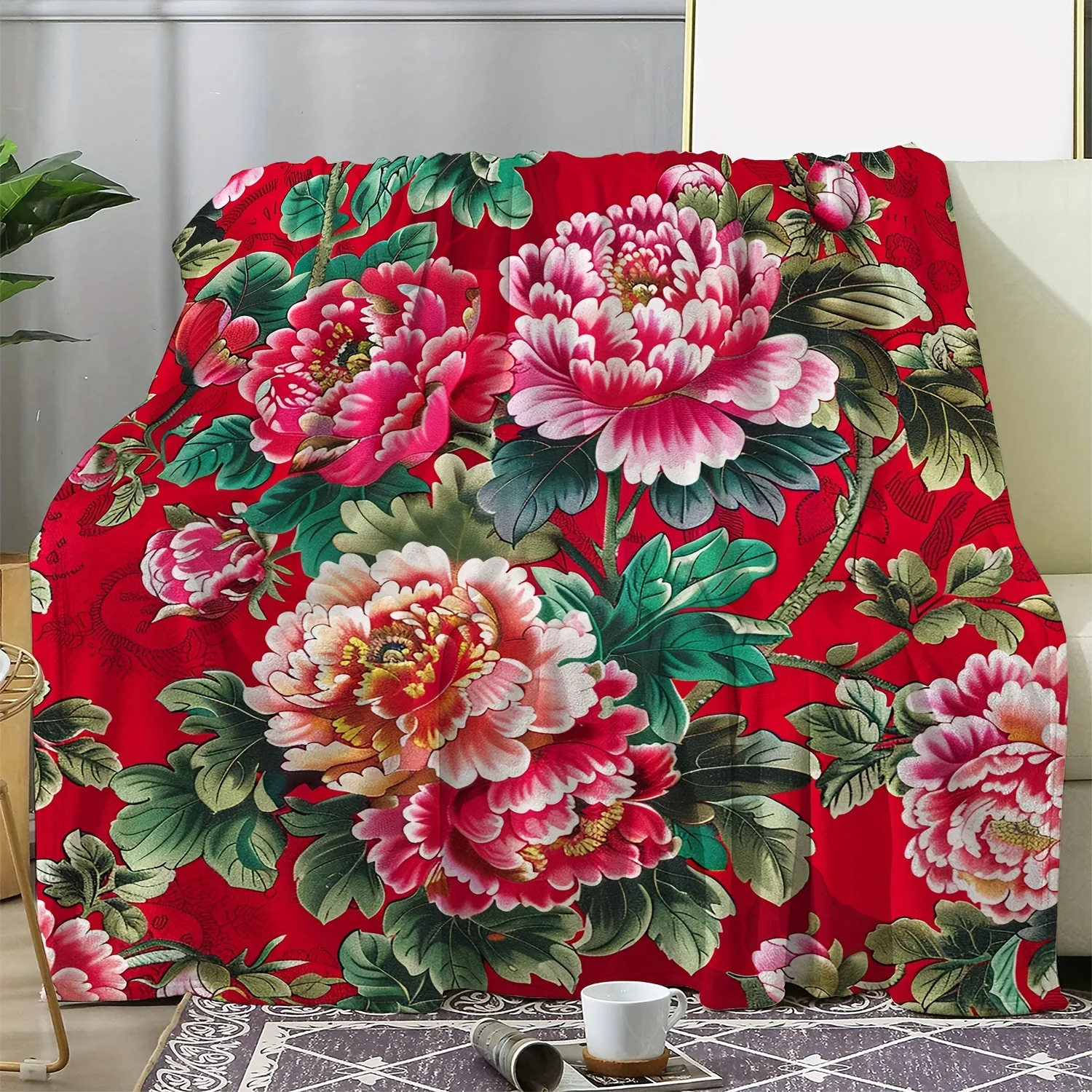 

[Vintage Peony Floral Throw] Soft & Cozy Vintage Peony Floral Flannel Throw Blanket - All-Season Gift for Couch, Bed, Car,