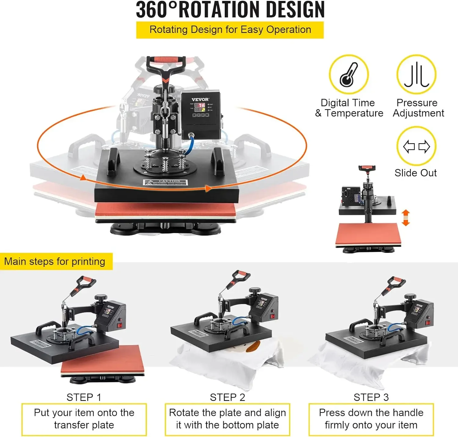 Hittepers 15X15, 5 , 360 Graden Swing-Away Digitale Precieze Controle Multifunctionele Hittepersmachine Voor T-Shirt Hoeddop Beker