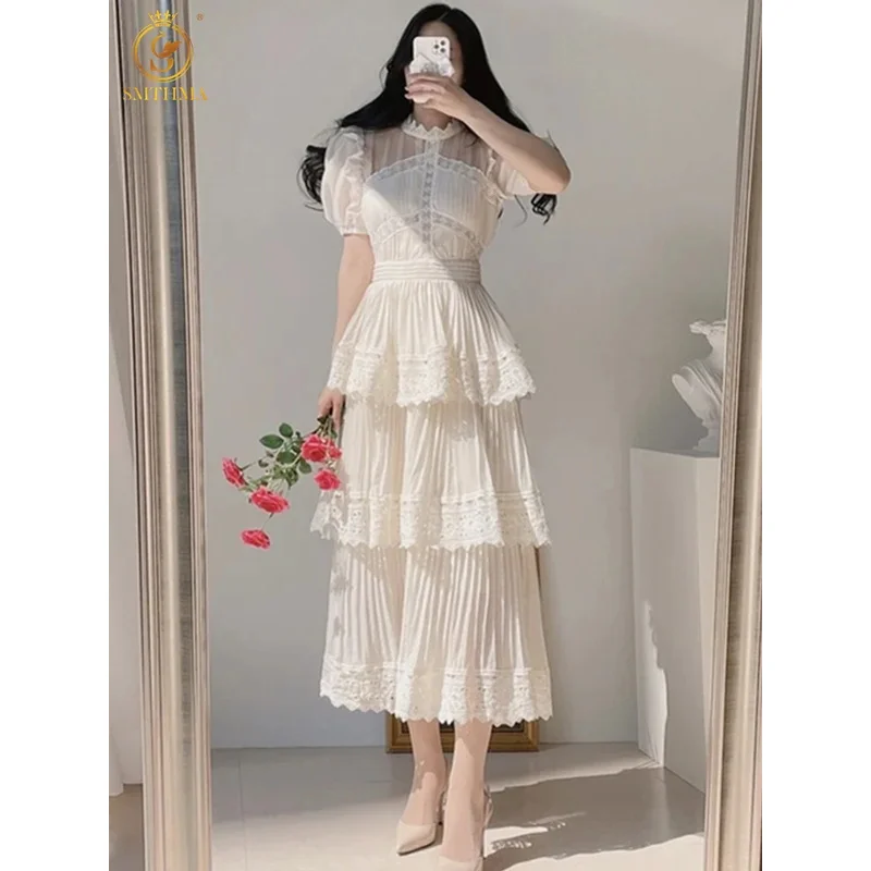 New fashion vintage Women summer dress ladies puff short sleeve o neck beige elegant party dresses female lace long dress S-XXL