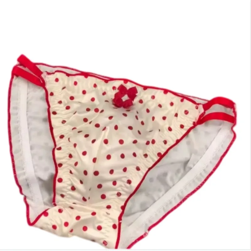 Men's Red Polka Dot Satin Underwear With Cute Bow Decoration And Sweet Ruffle Edge Double Strap Triangle Pants