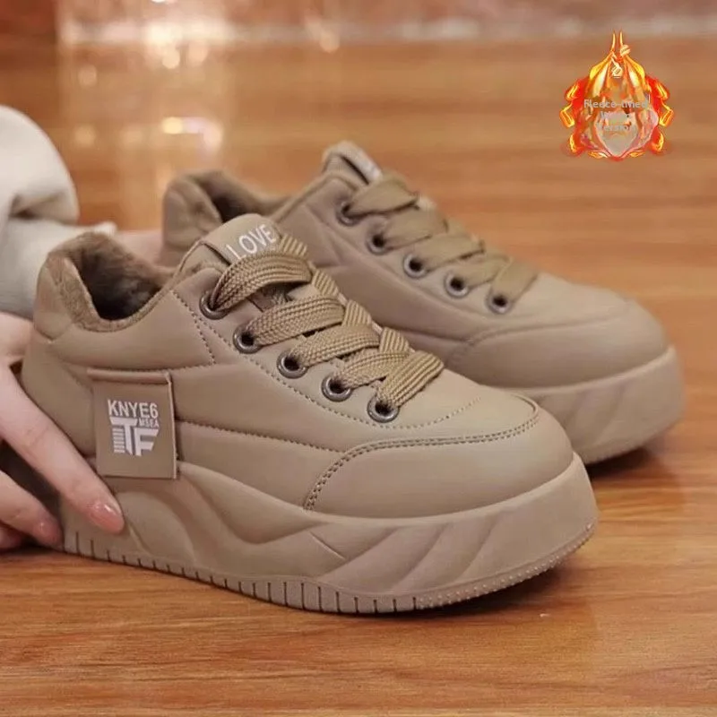 Women's Thick Bottomed Fleece Lined Casual Cotton Bread Shoes Winter Warm Stylish Korean Style Flat Shoes round Toe Low Cut