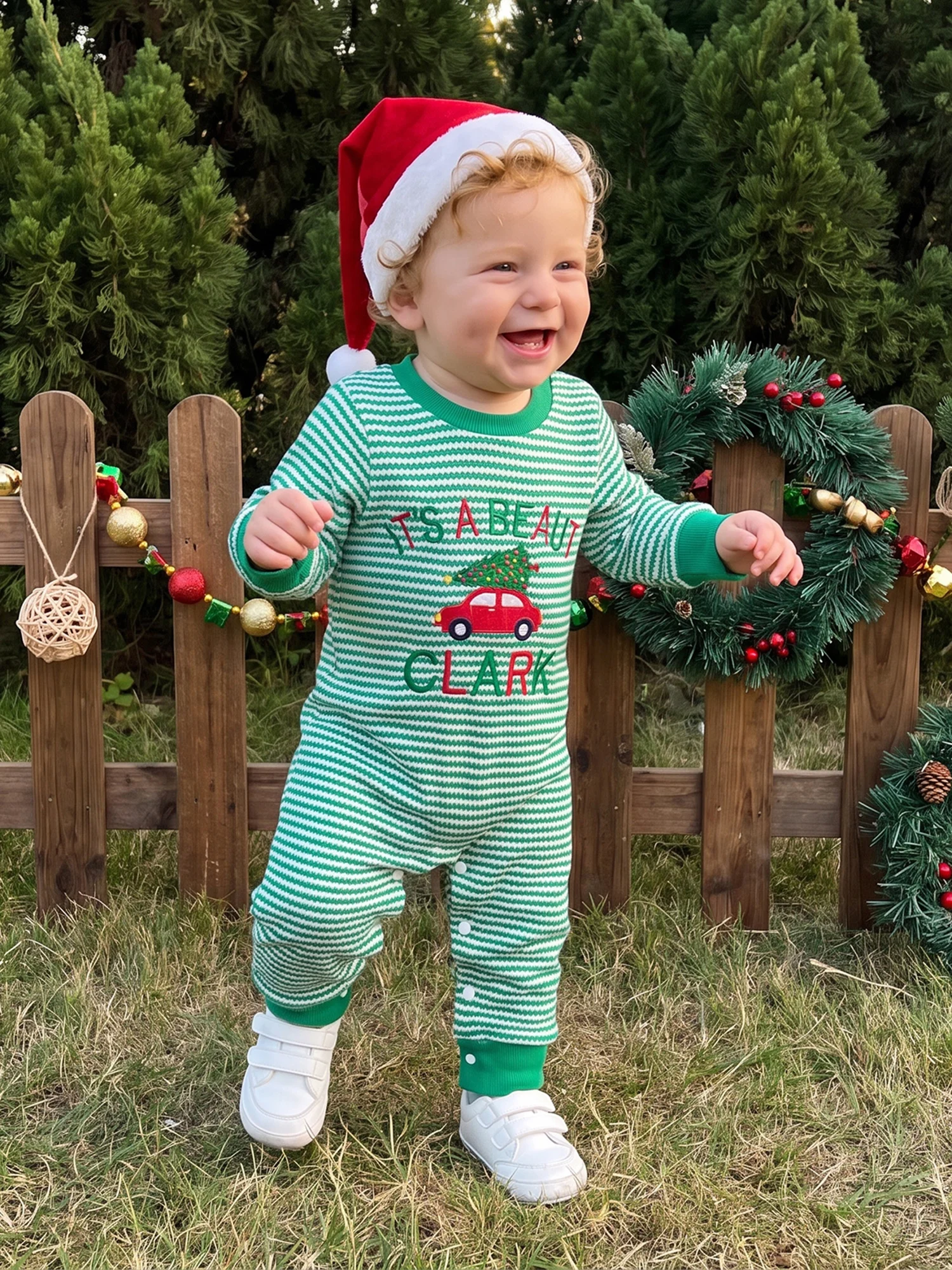 Outfit Boy-Christmas Infant Boy Christmas Sleeve Romper Waffle Knit Long -Santa-Hat Knit Sleeve Compact