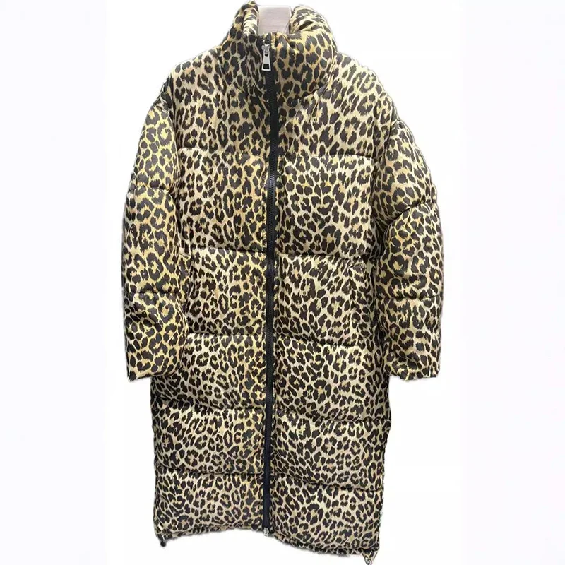 Leopard Print Loose Cotton Padded Jacket Women Casual Stand Collar Long Parkas Coat 2024 Winter Warm Y2K Top Streetwear