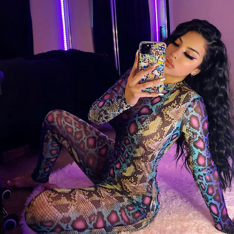 Sexy Snake Print Jumpsuit Women 2025 Long Sleeve Bodysuit Fitted Outfits Button Stretchy Coloful Rompers Bodycon Streetwear